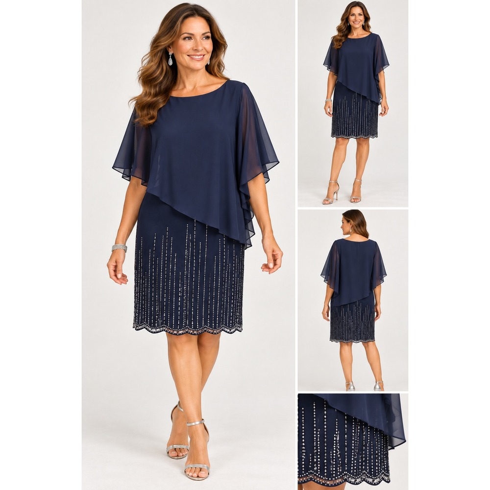 Xscape Navy Asymmetrical Chiffon Cape Beaded Cocktail Dress Size 12 XS7398